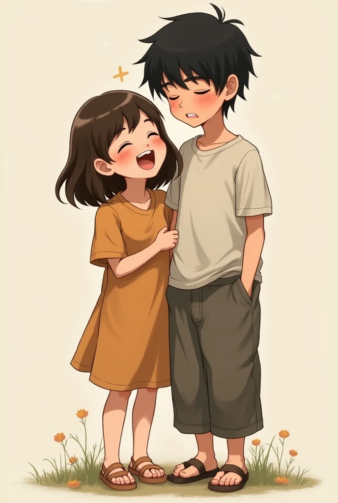 A girl with shoulder length brown hair laughing with a pale and tired black haired boy who wears baggy clothes and she is taller than him 
