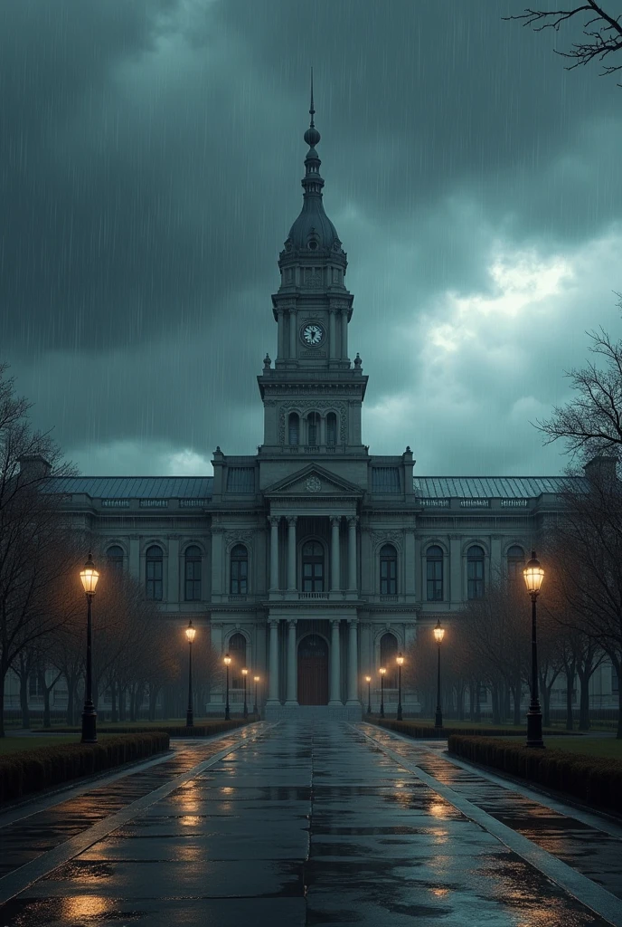 Make the front of a very large school with a rainy sky