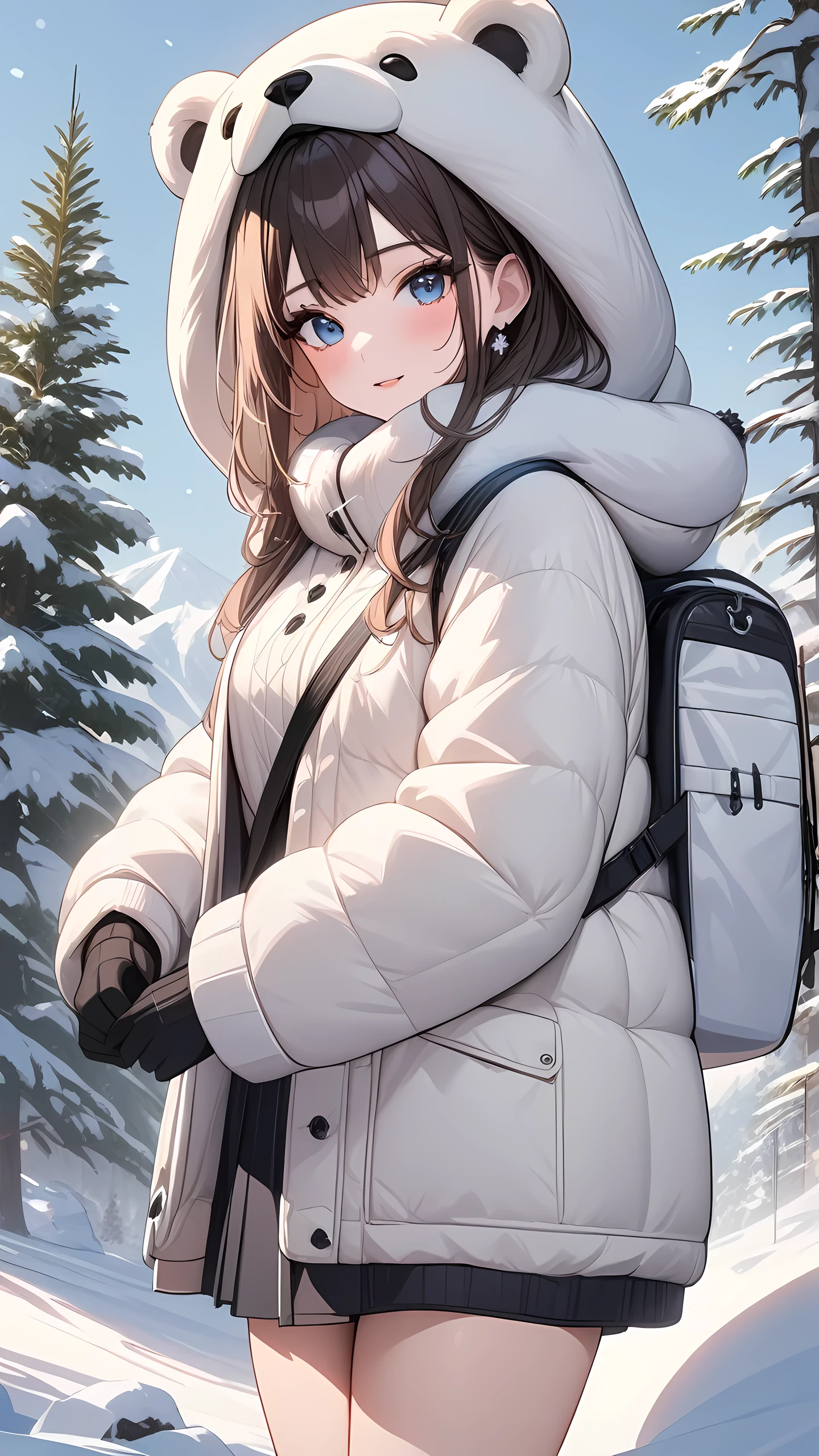(Masterpiece, best quality:1.2, absurdres, ) 1girl, winter clothes, climb up  polar bear, snow,  ice, spruce ,detailed beautiful face 