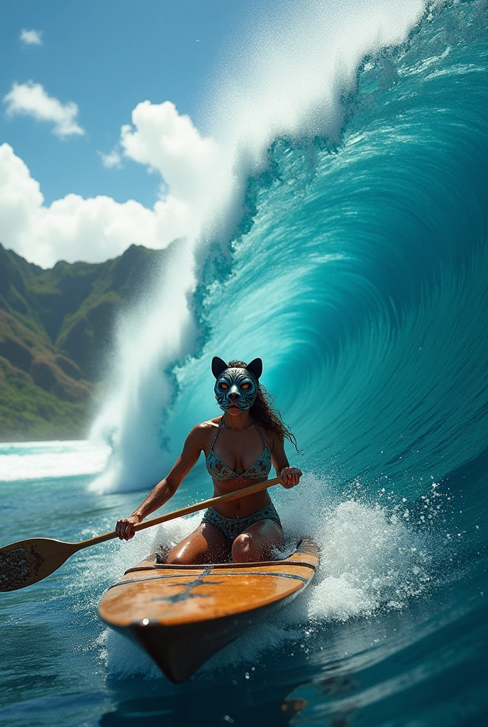 Woman in panther mask surfing big wave from Hawaiian canoe


