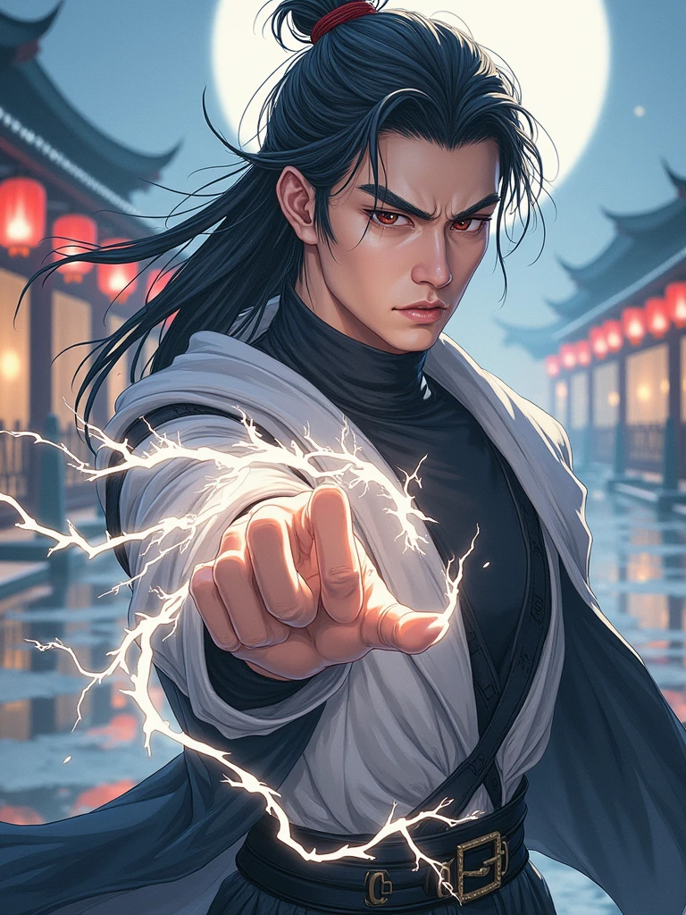 A 2 Asian man，Thick eyebrows，Melon seed face，Handsome face，Men's full body ，A transparent streamer is tied to the body and flutters in the wind，The background is an ancient Chinese town，Time is night。Deep blue sky，A full moon，Lots of black lanterns，Pavilions and arch bridges，His skin is fair，He is slender,  The limbs have pronounced muscle lines，high-definition photography，Real-world scenarios，Lots of detail, wearing black long coat, black long pants, black turtleneck shirt, lightning, magic, messy long hair, battle pose, confidently looking into distance, suppressed anger, devilish gaze