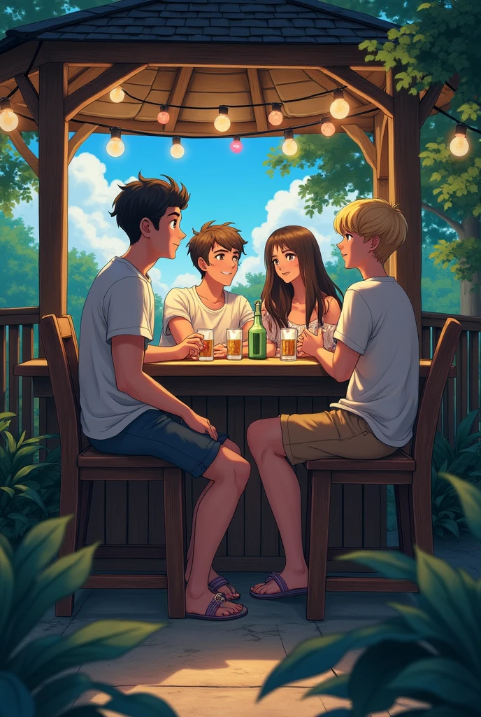 A company of boys is in the gazebo near the bar, and there were a couple in that company, they were a girl with long hair, short hair, and a boy with blond hair, thin