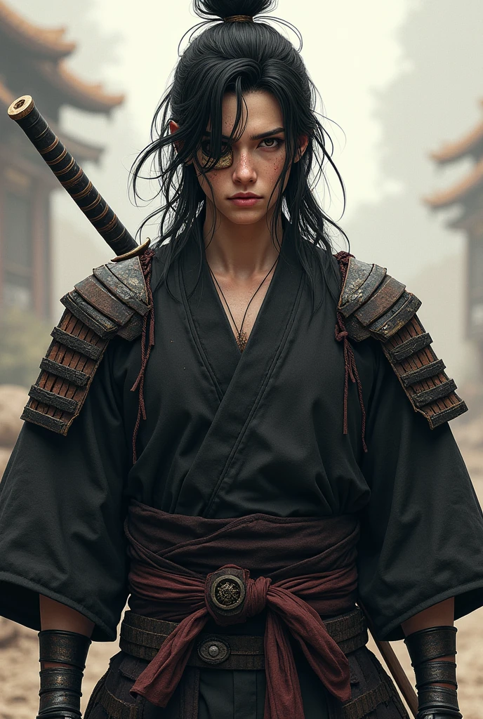 Young Samurai in his 20's with long one-eyed black hair, rough looking with a bandage that is on his head and is placed on his missing eye. Dressed in a typical samurai costume, one raised up to the order and the other shoulder lowered to his hips, below a black shirt.