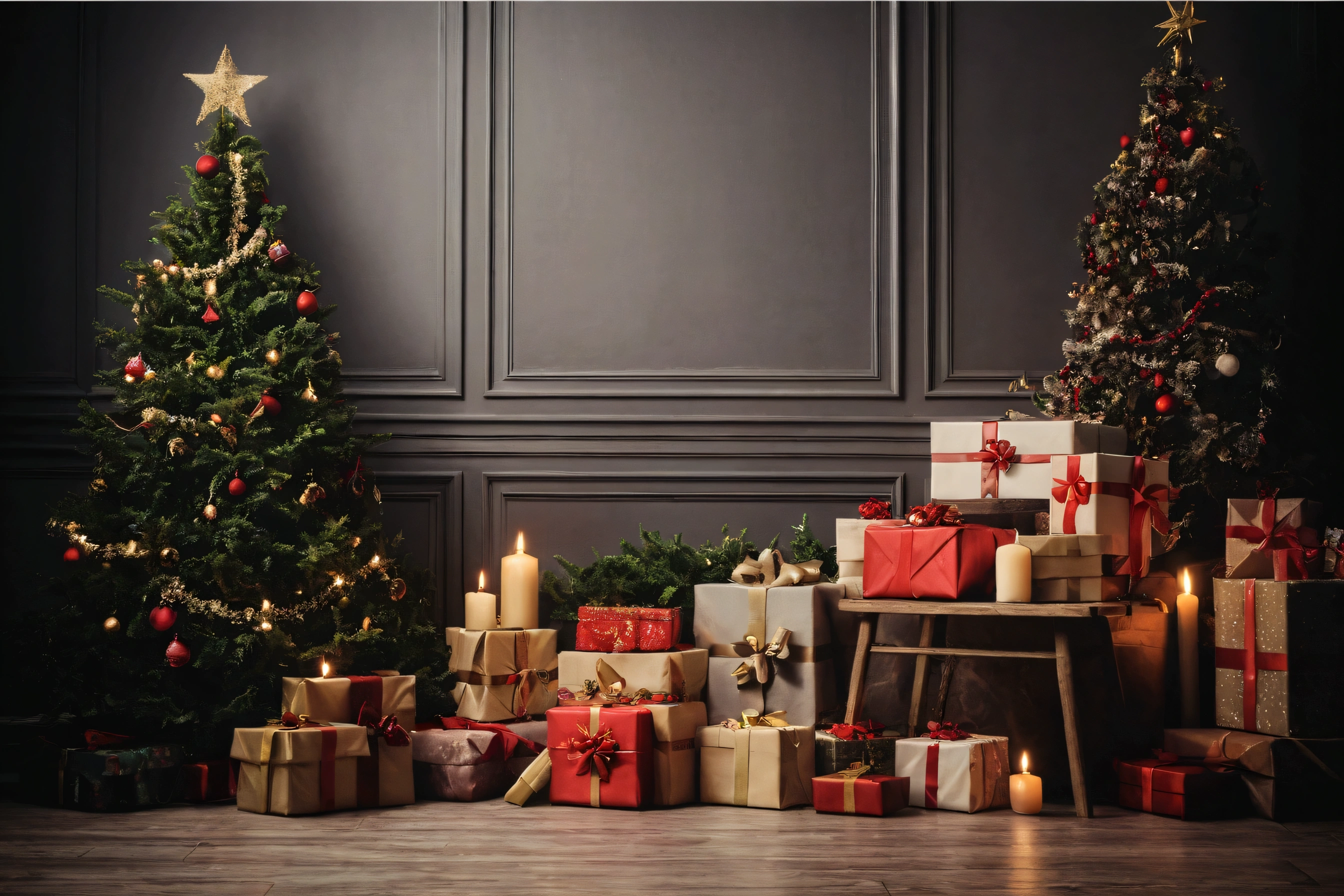 arafed christmas tree with presents and candles in front of a wall, gifts, presents, festive atmosphere, giving gifts to people, holiday season, 🤬 🤮 💕 🎀, foreground background, by Lisa Nankivil, 🕹️ 😎 🔫 🤖 🚬, traditional art, detailed image, christmas night, discovered photo, leaked image, very realistic