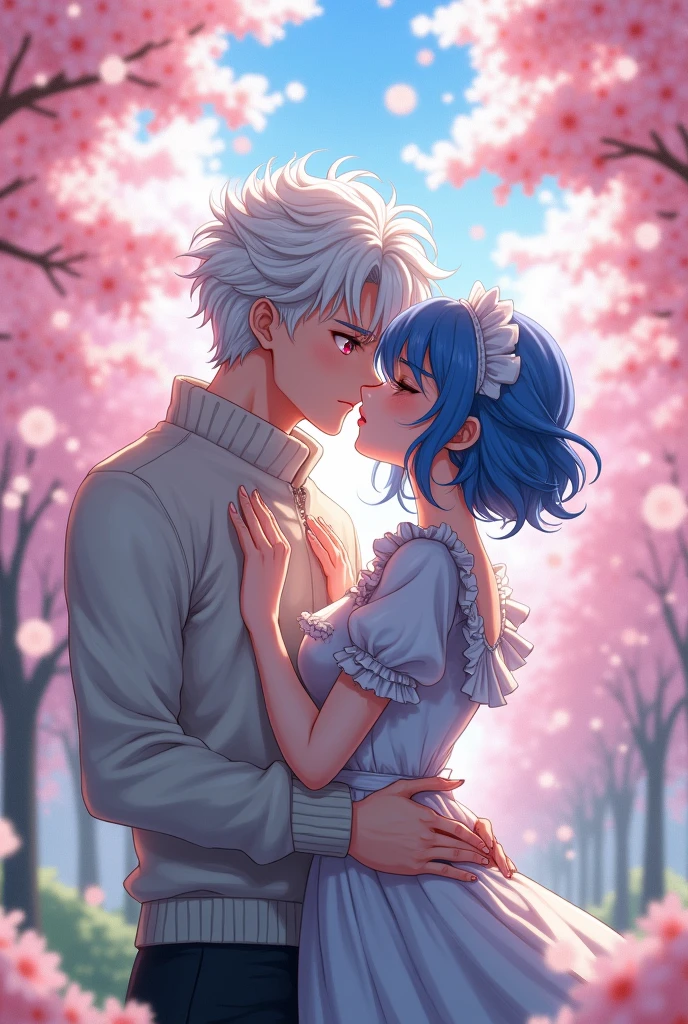 Anime boy with white hair, curly hair, pink eyes, pale skin, long eyelashes, grey eyebrows, glossy lips tall veiny arms white sweater, kissing shy female with long light sky blue hair, maid, cherry blossom trees