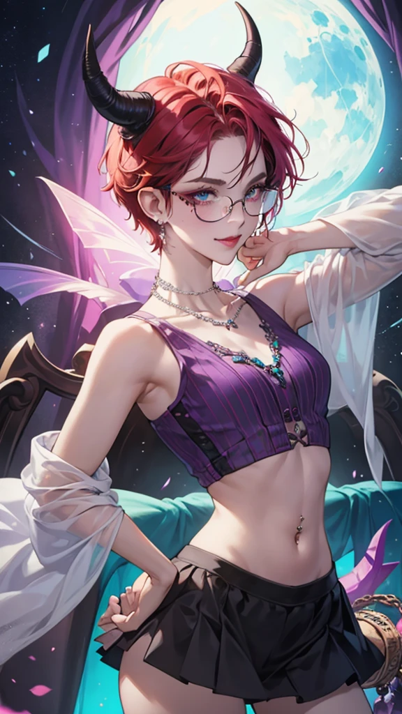 8k, masterpiece, best quality, highly detailed, 1 girl, tiefling, warlock, pixie cut, multicolored hair, very short straight hair red highlight hair on white hair, strippled hair, wearing glasses, round glasses, earrings, navel piercing, red eyeshadow, long eyelashes, blushed cheek, red lips, pearl necklace, rings, collarbone, mole on face, glamorous, teal and purple clothes, sleeveless, miniskirt, smirk, close up view, rings, looking at viewer, demon horns, solo, starry sky, pale blue moon, standing, boxing stance, demonic arms, chains on the background.