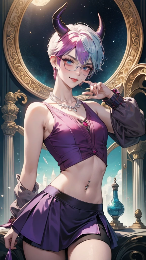 8k, masterpiece, best quality, highly detailed, 1 girl, tiefling, warlock, pixie cut, multicolored hair, very short straight hair red highlight hair on white hair, strippled hair, wearing glasses, round glasses, earrings, navel piercing, red eyeshadow, long eyelashes, blushed cheek, red lips, pearl necklace, rings, collarbone, mole on face, glamorous, teal and purple clothes, sleeveless, miniskirt, smirk, close up view, rings, looking at viewer, demon horns, solo, starry sky, pale blue moon, standing, boxing stance, demonic arms, chains on the background.