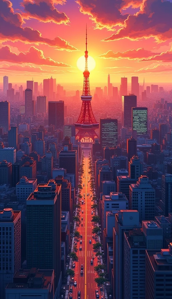 illustration , Anime aerial view of Tokyo cityscape with iconic Tokyo Tower, sunset , illustration