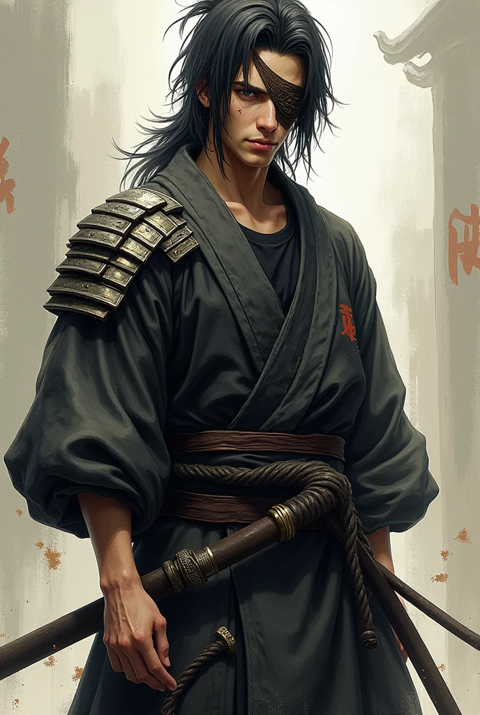 Young Samurai in his 20's with long one-eyed black hair, rough looking with a bandage that is on his head and is placed on his missing eye. Dressed in a typical samurai costume, one raised up to the order and the other shoulder lowered to his hips, below a black shirt.