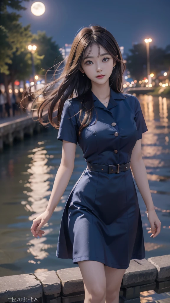 ulzzang-6500-v1.1, (RAW photo: 1.2), (Real photo), (Real photo: 1.4), 1 girl、Perfect anatomy、1、Looking at the camera、Medium length hair、uniform dress, walking beside a cool blue river in fores, with the moon and stars, ((by the river at night in fores: 1.1))、(Business service)、Asian eyes Ella,