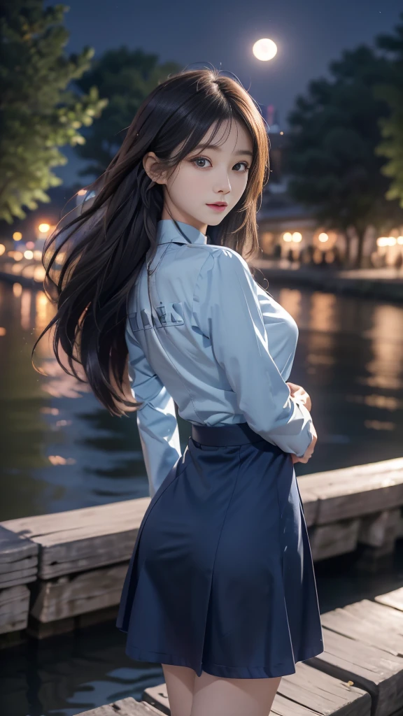 ulzzang-6500-v1.1, (RAW photo: 1.2), (Real photo), (Real photo: 1.4), 1 girl、Perfect anatomy、1、Looking at the camera、Medium length hair、uniform dress, walking beside a cool blue river in fores, with the moon and stars, ((by the river at night in fores: 1.1))、(Business service)、Asian eyes Ella,