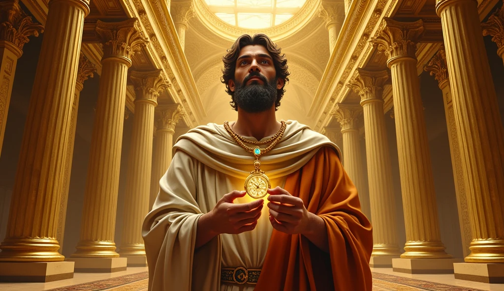 Pythagoras, holding a watch, all in money and gold