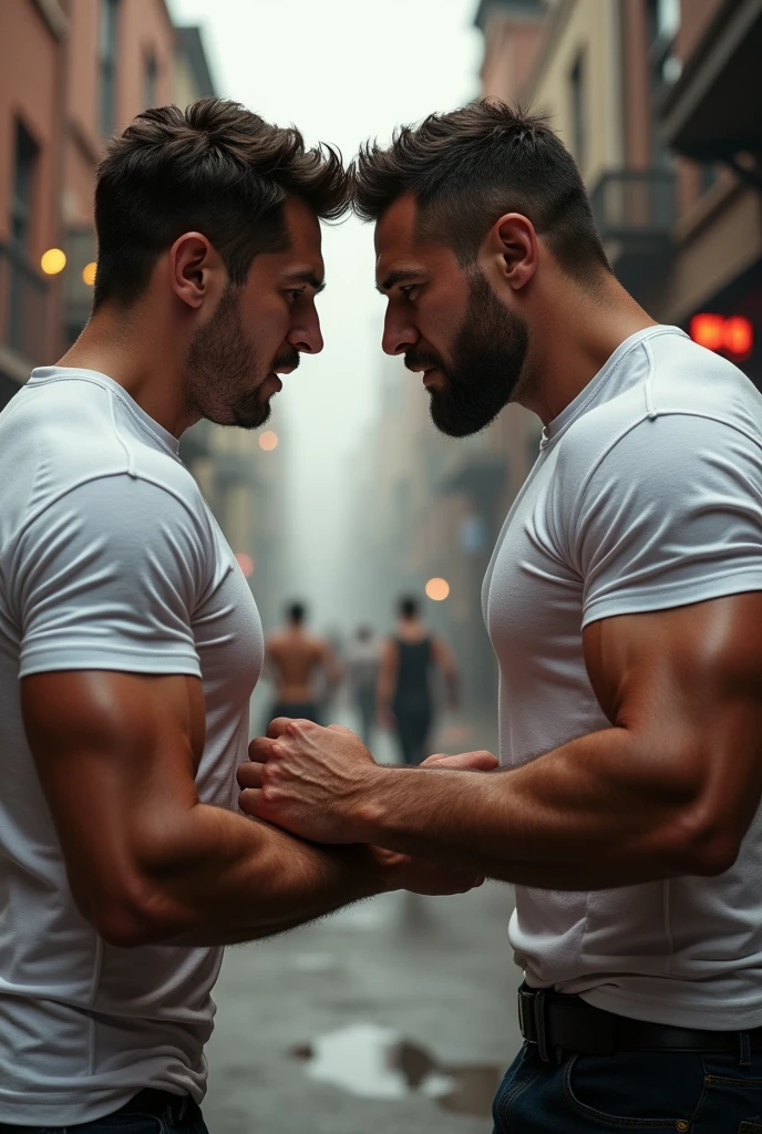 Two muscular males using a condom on their penises
