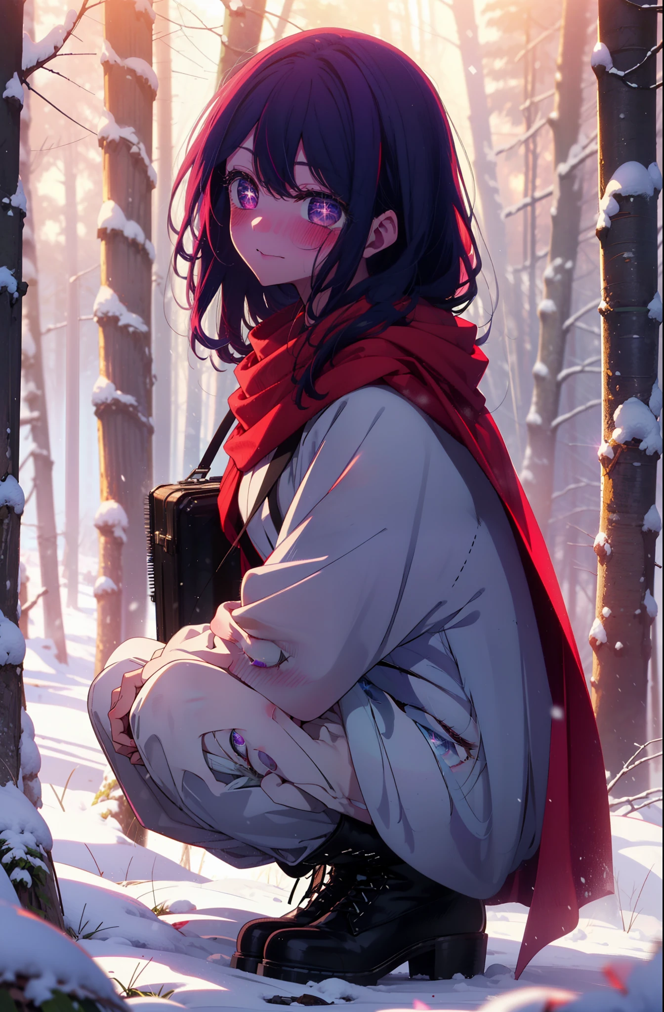 aihoshino, Ai Hoshino, Long Hair, bangs, (Purple eyes:1.1), Purple Hair, (Symbol-shaped pupil:1.5), smile,,smile,blush,white breath,
Open your mouth,snow,Ground bonfire, Outdoor, boots, snowing, From the side, wood, suitcase, Cape, Blurred, , forest, White handbag, nature,  Squat, Mouth closed, Cape, winter, Written boundary depth, Black shoes, red Cape break looking at viewer, Upper Body, whole body, break Outdoor, forest, nature, break (masterpiece:1.2), Highest quality, High resolution, unity 8k wallpaper, (shape:0.8), (Beautiful and beautiful eyes:1.6), Highly detailed face, Perfect lighting, Highly detailed CG, (Perfect hands, Perfect Anatomy),