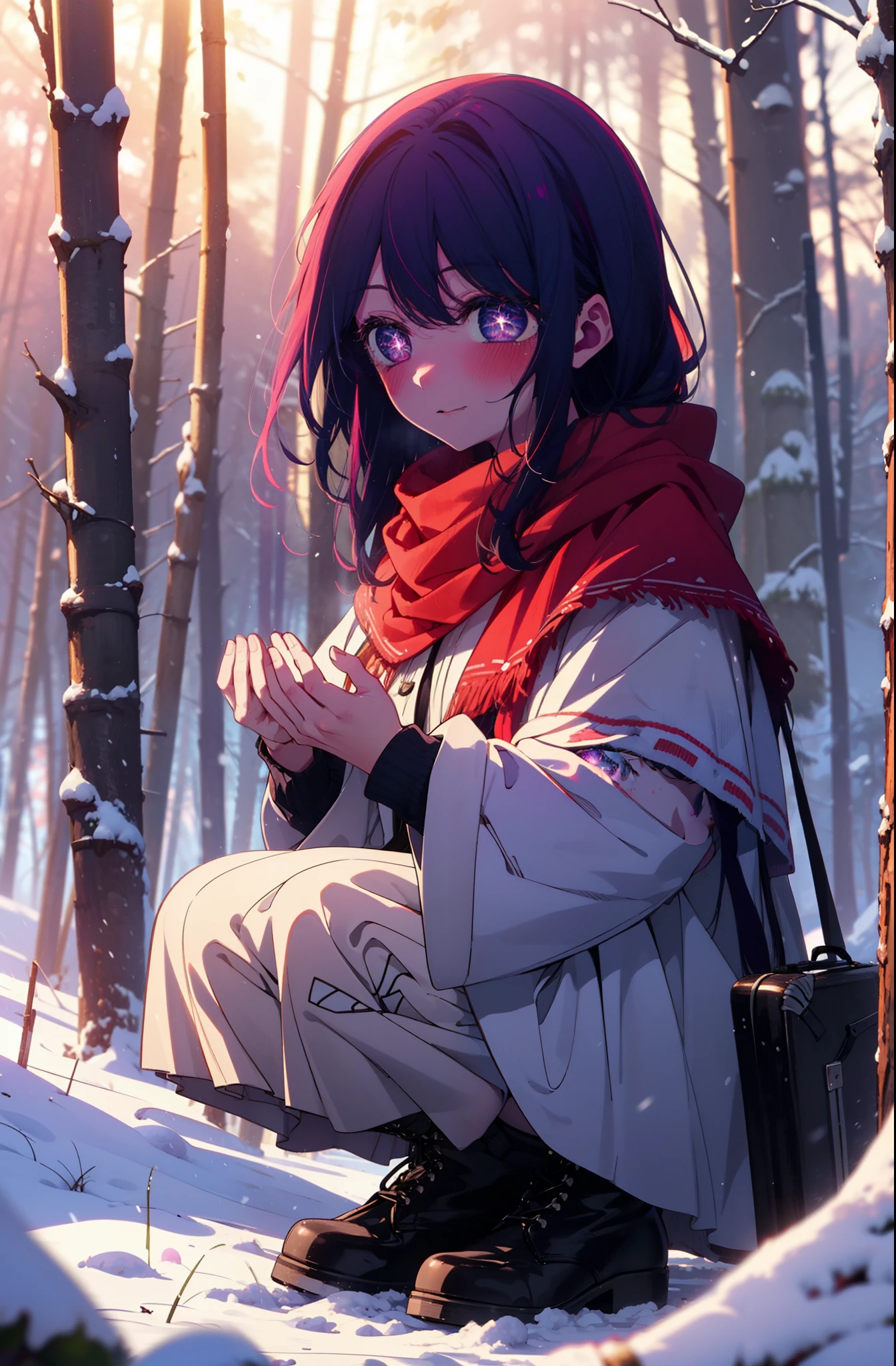 aihoshino, Ai Hoshino, Long Hair, bangs, (Purple eyes:1.1), Purple Hair, (Symbol-shaped pupil:1.5), smile,,smile,blush,white breath,
Open your mouth,snow,Ground bonfire, Outdoor, boots, snowing, From the side, wood, suitcase, Cape, Blurred, , forest, White handbag, nature, Squat, Mouth closed, Cape, winter, Written boundary depth, Black shoes, red Cape break looking at viewer, Upper Body, whole body, break Outdoor, forest, nature, break (masterpiece:1.2), Highest quality, High resolution, unity 8k wallpaper, (shape:0.8), (Beautiful and beautiful eyes:1.6), Highly detailed face, Perfect lighting, Highly detailed CG, (Perfect hands, Perfect Anatomy),