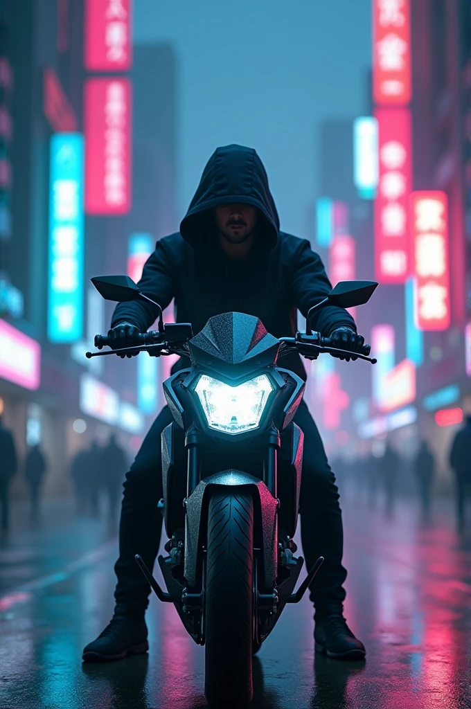 A man with a hoodie riding his motorcycle Honda hness on a cyber punk city with blue and pink lights