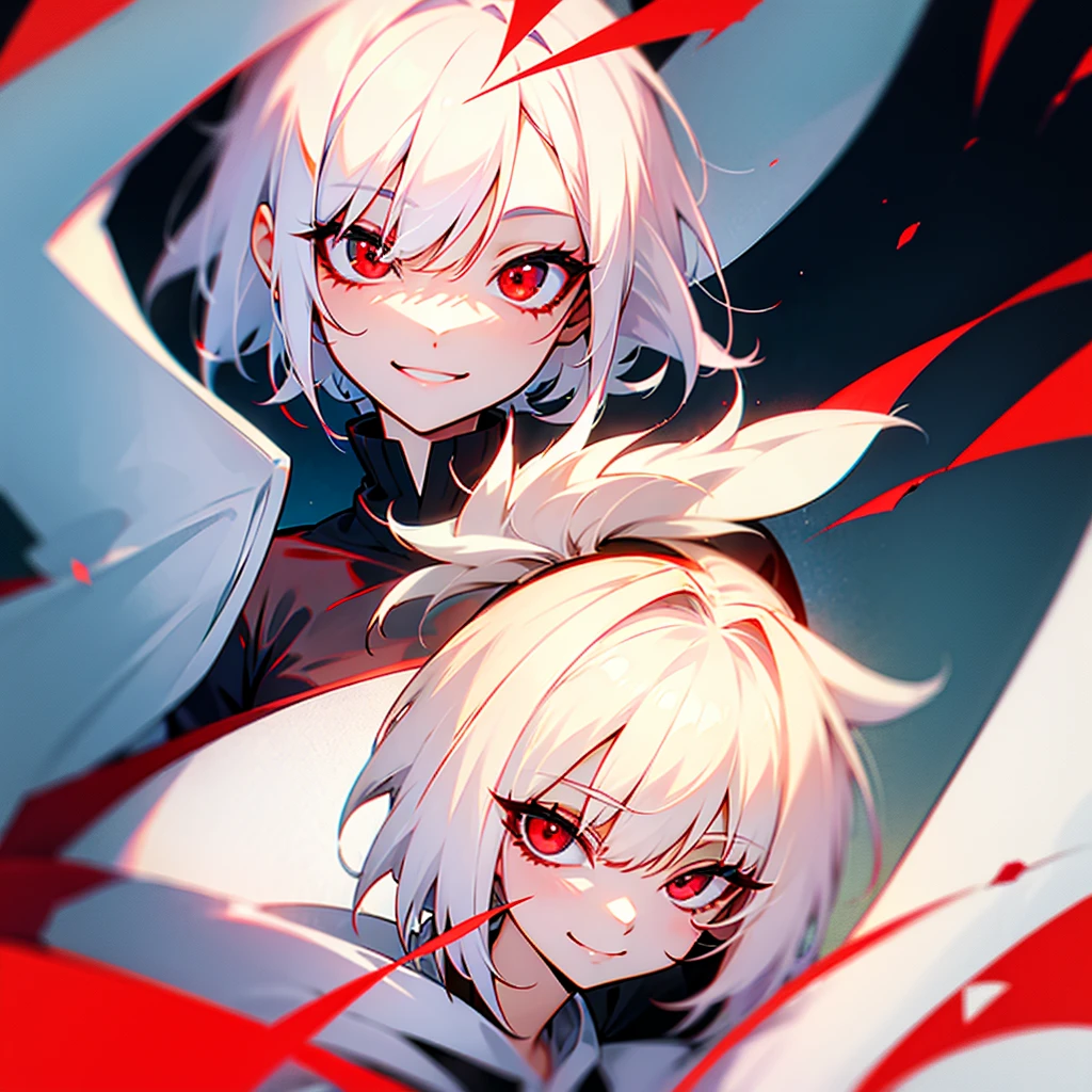 White hair red eyes short hair, smile, eyes close