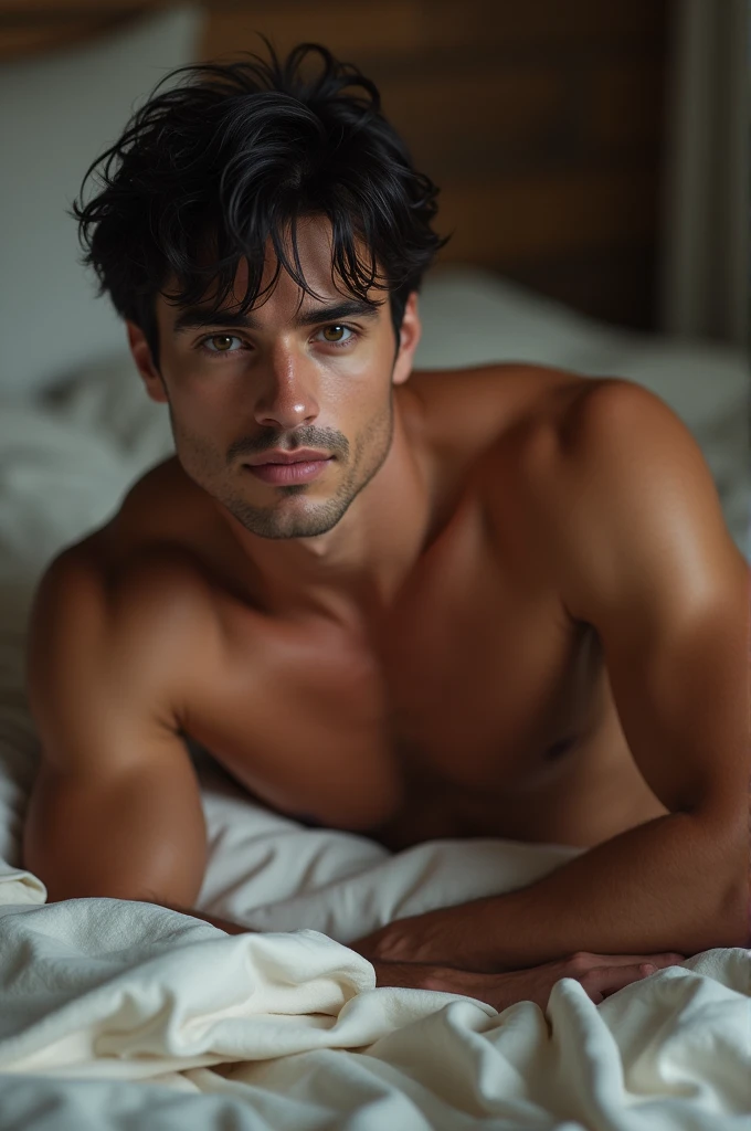 Homme brun sexy nue sur le lit