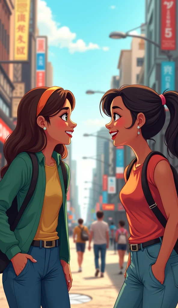 City、Two young women、Smiling and facing each other