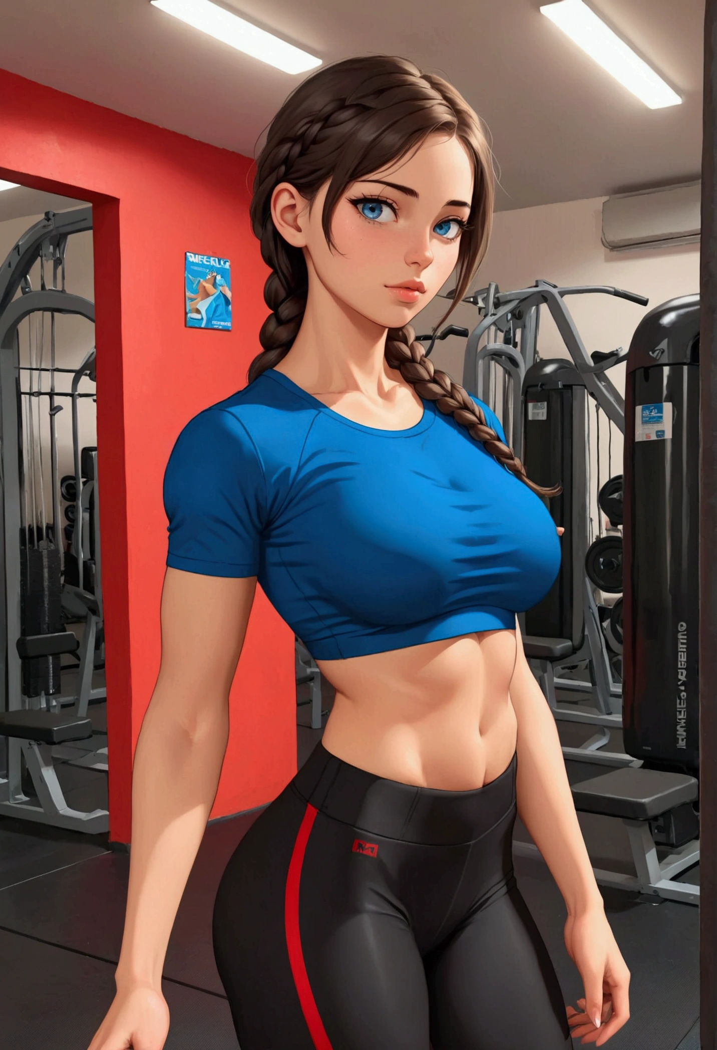 20 years old woman, Short brown hair, Méditerranéenne aux blue eye, Generous and heavy breasts, slender waist, estomac defini, fesses rebondies et pulpeuses, naturally curved, muscular thighs, aguicheuse, in the gym, Selfie, short noir et teeshirt rouge , blue eye, sweaty, side view, plated braids 