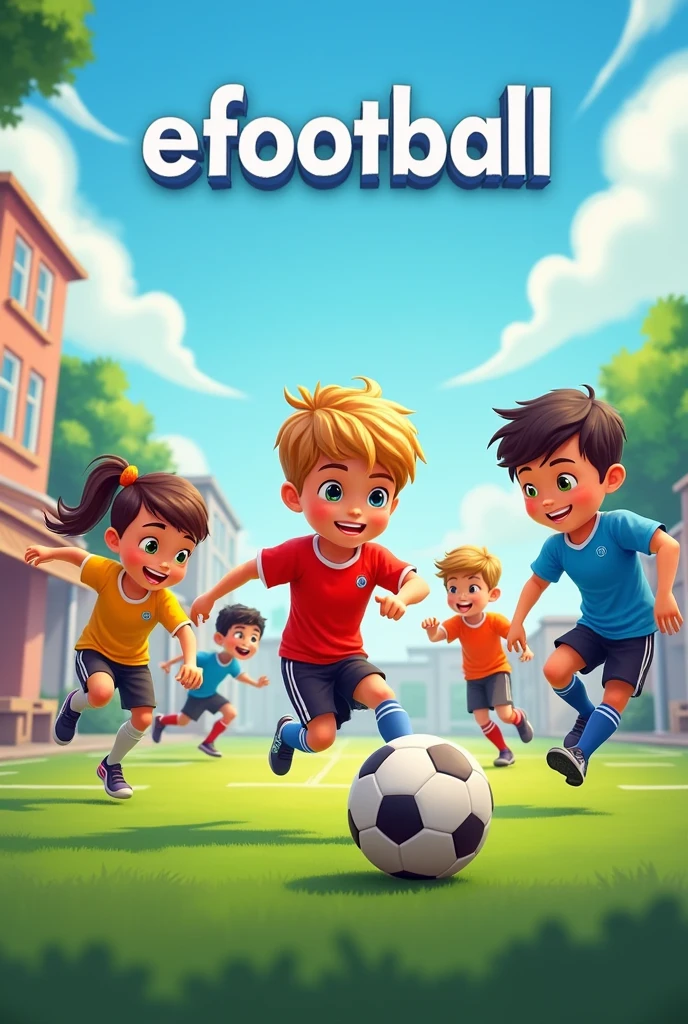 Five kids are playing soccer game on mobile and eFootball is written in big above the picture.