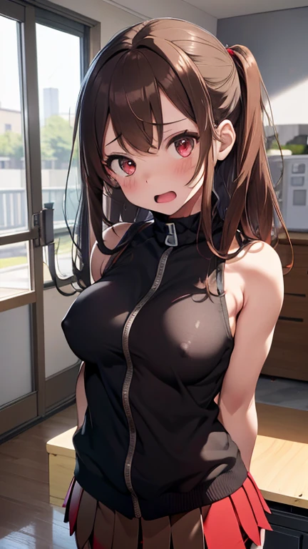 mastute piece,Best Quality,insanely detailed,8k cg,nsfw,
(shoot upper body:1.3),
(1girls:1.3),standing,looking at viewr,body in front,((both arms behind back:1.4)),(((red military ornaval uniform:1.4,miniskirt))),(bare breasts:1.4),break,
blush,shy,(ecstasy face:1.3),(trembling:1.2),break,(light brown hair:1.4),
break,
perfect breasts,perfect teats,(open mouth:0.9),(large breasts:1.2),
(military base room:1.1),