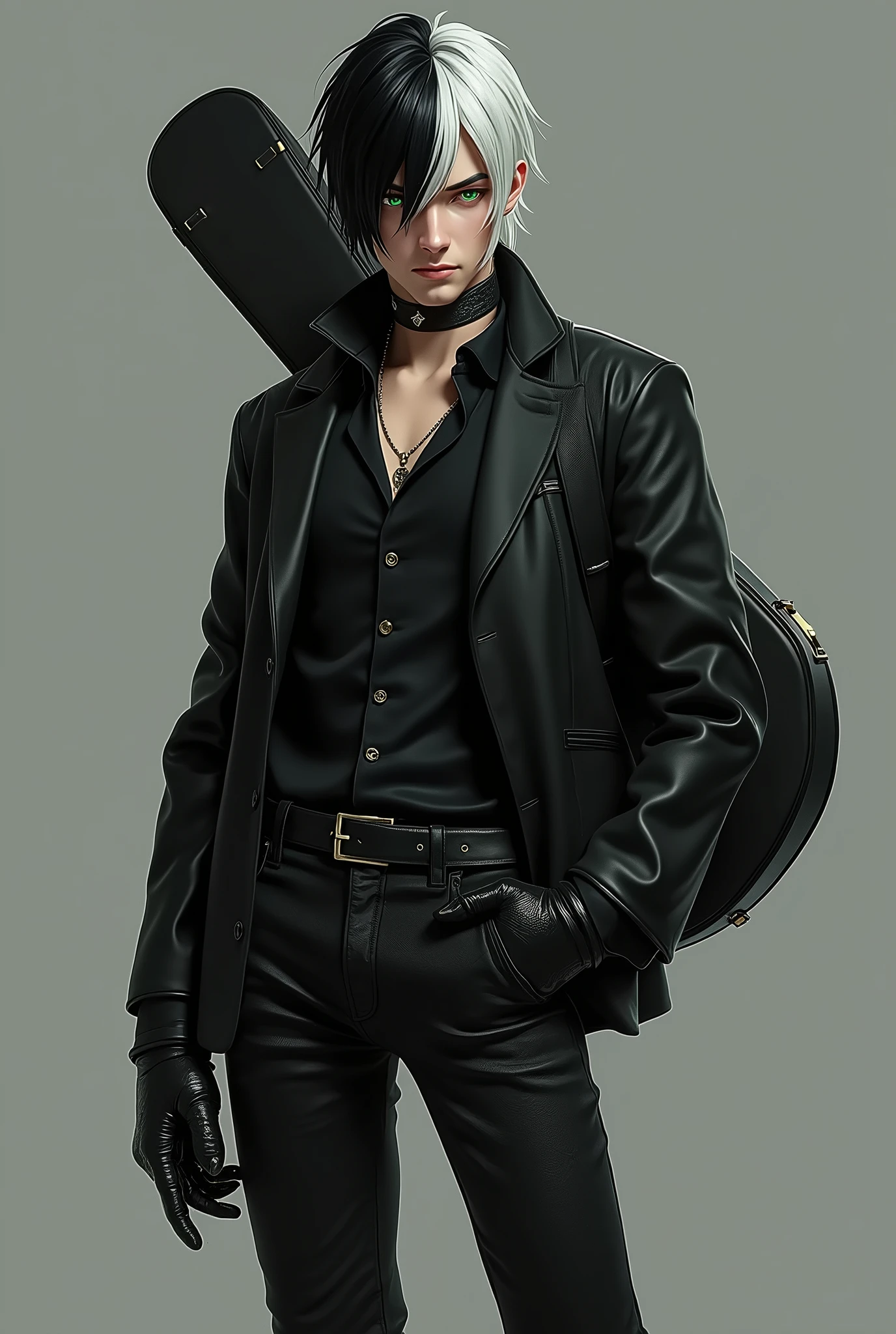 A man with straight black hair with white streaks, gradient haircut, green eyes, he wears a black vest under a black jacket with sleeves, He wears black gloves on his hands, A pair of black jeans, wears combat boots, there is a guitar case on the back,