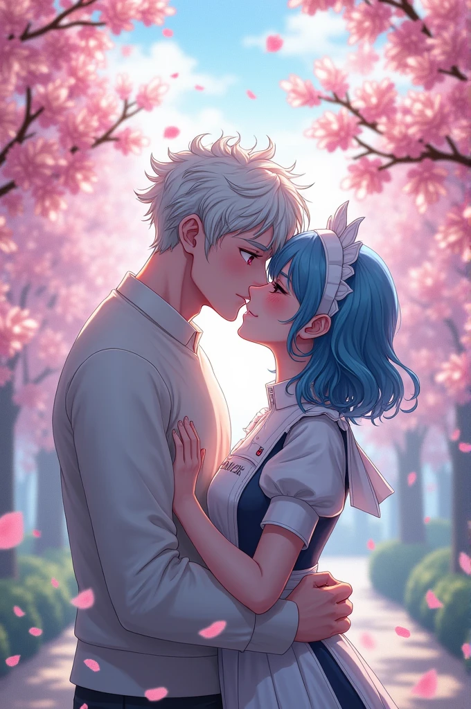 Anime boy with white hair, curly hair, pink eyes, pale skin, long eyelashes, grey eyebrows, glossy lips tall veiny arms white sweater, kissing shy female with long light sky blue hair, maid, cherry blossom trees