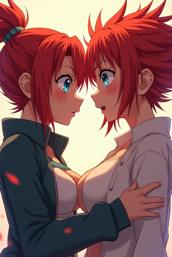 Nuruto hair in fire hair red and blu eyes close poses in two girls big boobs