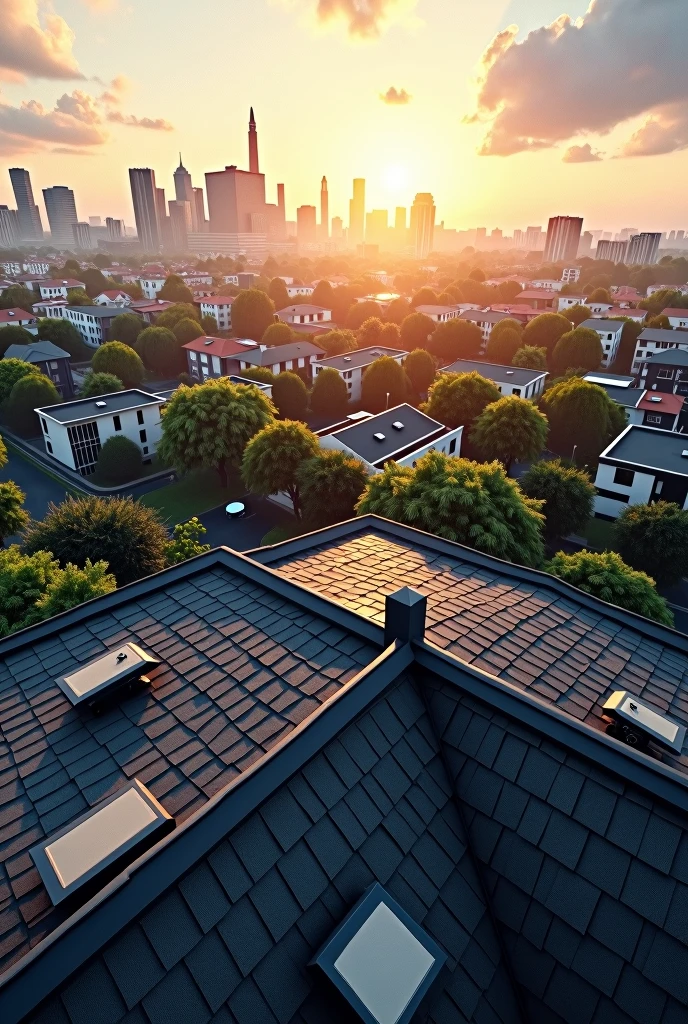 Create a picture with a view from the roof as an advertisement for a roofing company ￼ without people and without text