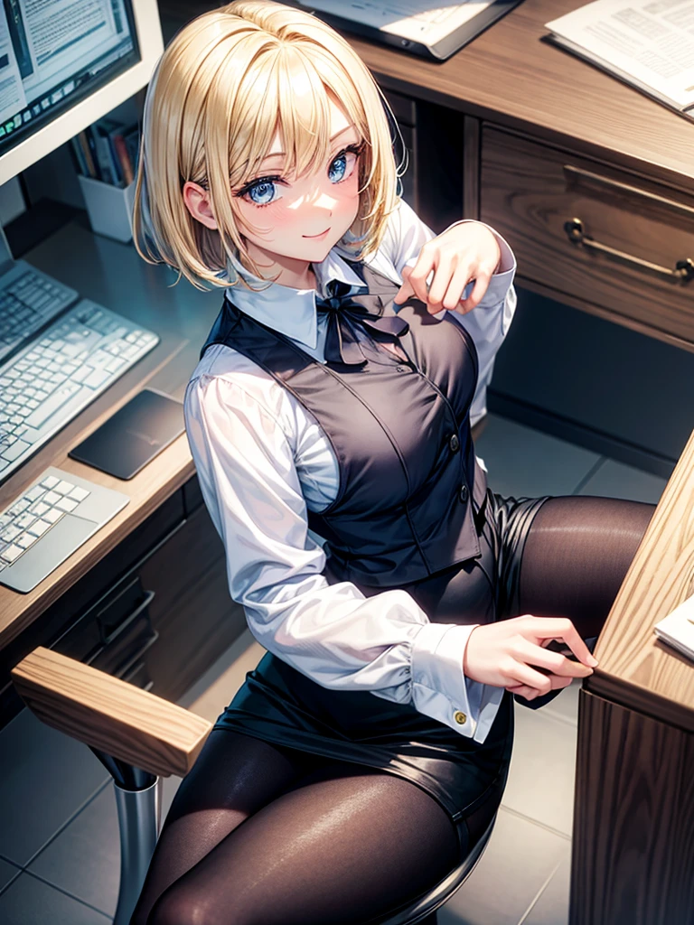 (best quality, masterpiece), 1girl, pose, (in an office), windows at night with a cityscape, looking at viewer, blonde hair, blue eyes, hair in a messy bun, beautiful woman, sexy, flirty, seductive, inviting, nsfw, smile, 20 year old woman, secretary, skirt suit, navy skirt, pencil skirt, tight skirt, navy pantyhose, slender, long legs, (small breasts: 1.2), white collared shirt, (shirt pulled open), (no bra), pink nipples, ((pale skin)), glasses, (sitting on an office desk: 1.1), office at night, dim lighting, desk lamp, computer, scattered papers