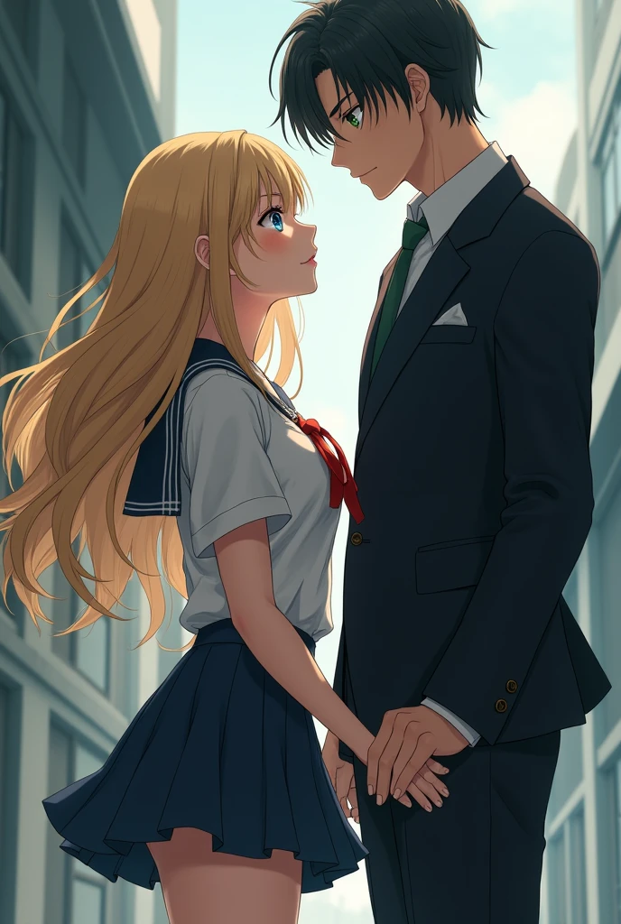 Beautiful girl wearing Japanese school uniform and her short skirt as well as sexi, has long yellow hair and beautiful blue eyes, and is ideally busty , and a 187 cm tall man with black hair with cold karacter and dark green eyes , facing forward