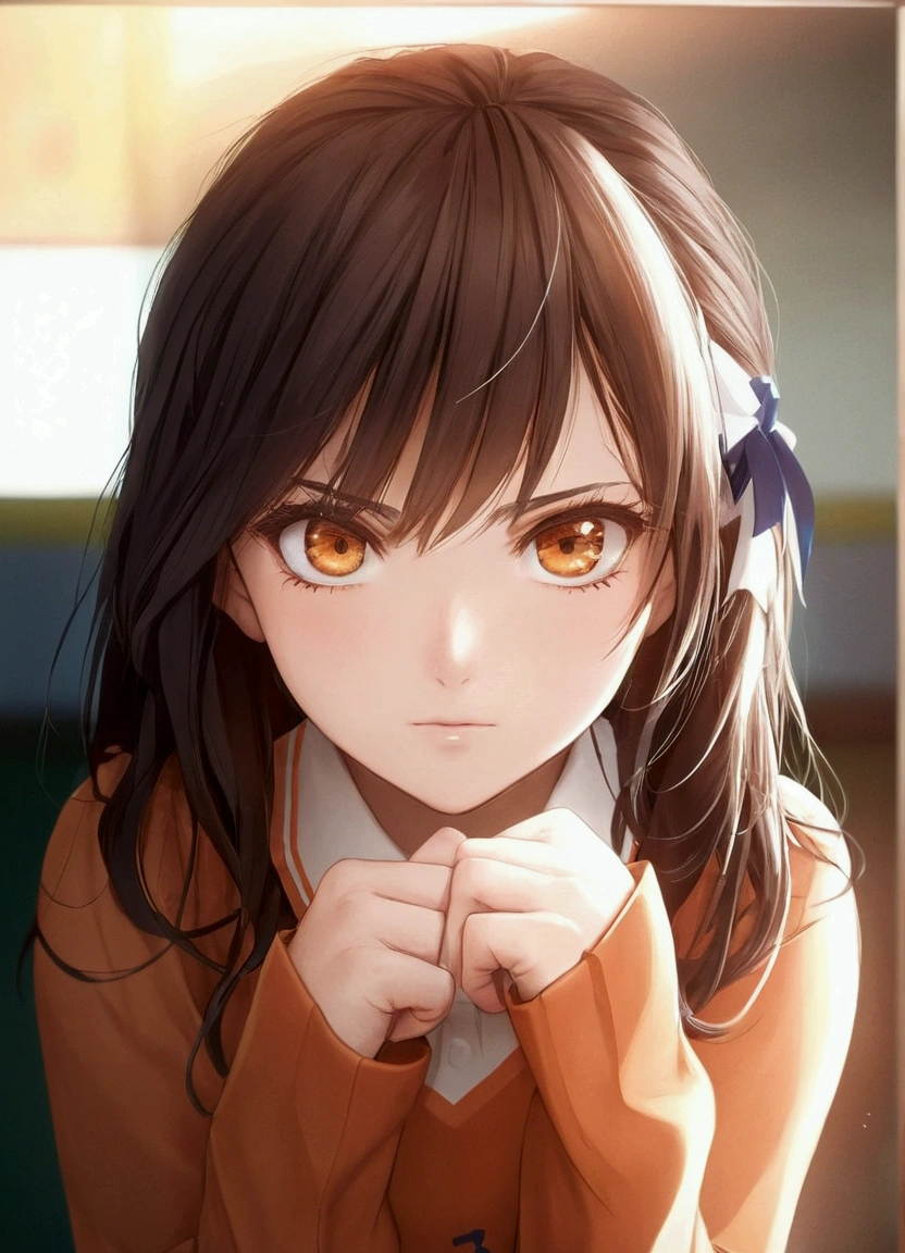 Imagine a  girl in front of you who appears in a slightly more realistic anime with long brown hair and blue eyes with a big bust and butt and incredible curves who is angry because they played a joke on her and dressed her as a cheerleader. On her blouse it says UA and she has an orange skirt with white and green and her pompoms are orange. She is on the cheerleading field.