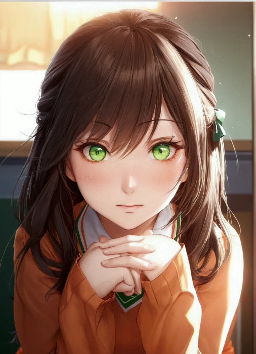 Imagine a  girl in front of you who appears in a slightly more realistic anime with long brown hair and blue eyes with a big bust and butt and incredible curves who is angry because they played a joke on her and dressed her as a cheerleader. On her blouse it says UA and she has an orange skirt with white and green and her pompoms are orange. She is on the cheerleading field.