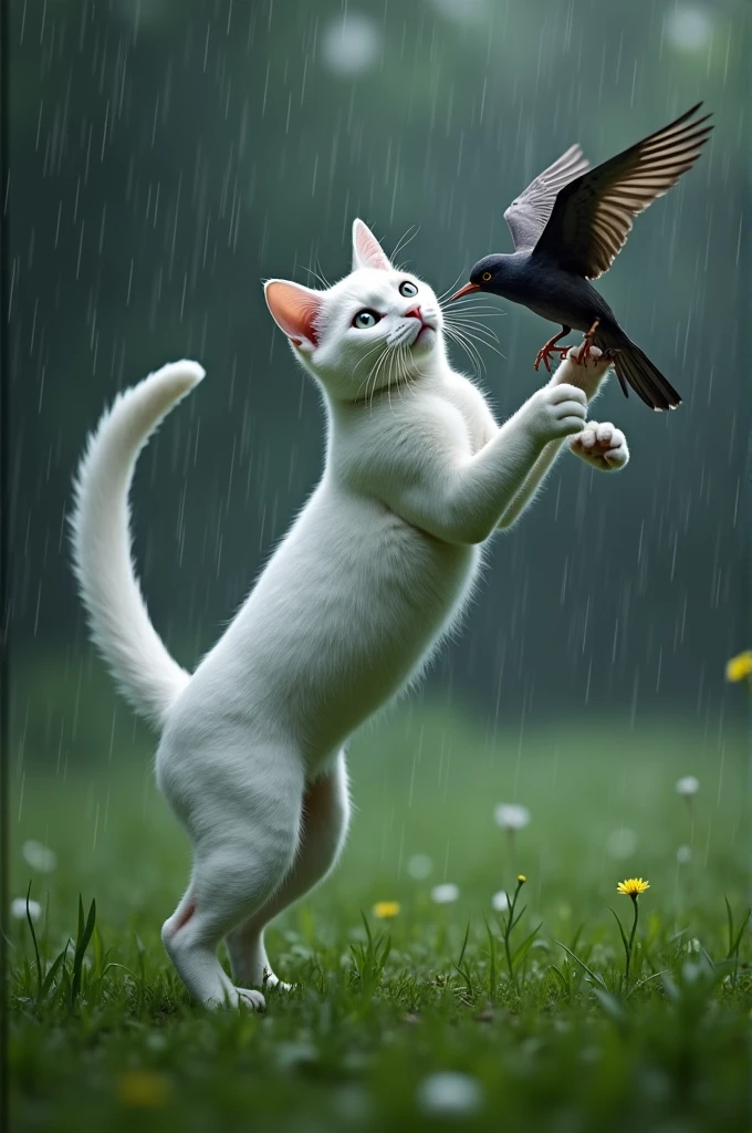 A full white normal cat with grey eyes is catching a bird and his background is grass with heavy rainfall.