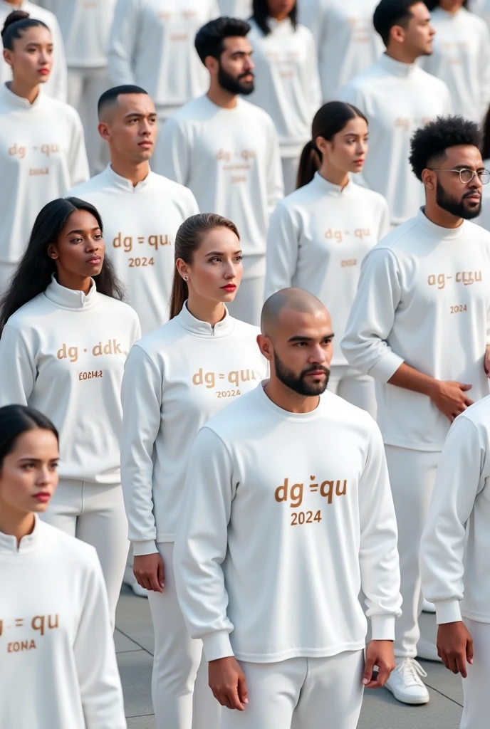 people gathered in white clothes that read DG-QU 2024