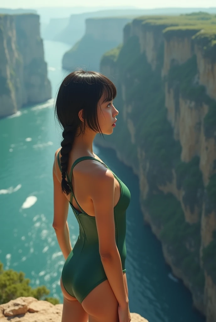 Highest quality, masterpiece, Ultra-high resolution, (Realistic:1.4), RAW Photos, Intricate details, Big beautiful eyes, Perfect contours, masterpiece, One Girl, (()), Braided Bob, (aerial view:2), (perky breasts:1.5, high breasts:1.5), (curvy waist:1.5), Competitive swimmer, (one piece:1.5, turtleneck, Sleeveless swimsuit, Tight leather boots), ((Metallic Green Swimsuit:1.5)), ((tight high leg swimsuit:1.5)), ((shoot from behind:2, looking away:2)), Portraiture, ((Standing on the edge of a cliff:1.5, Hesitant to jump:1.5, Incredibly high sheer cliffs:1.5, Stand at the highest point overlooking the surrounding area, peer down the cliff)), (Anxious expression、His mouth is twitching with fear), Wet Skin, (Underarm)、Nothing in my hands、