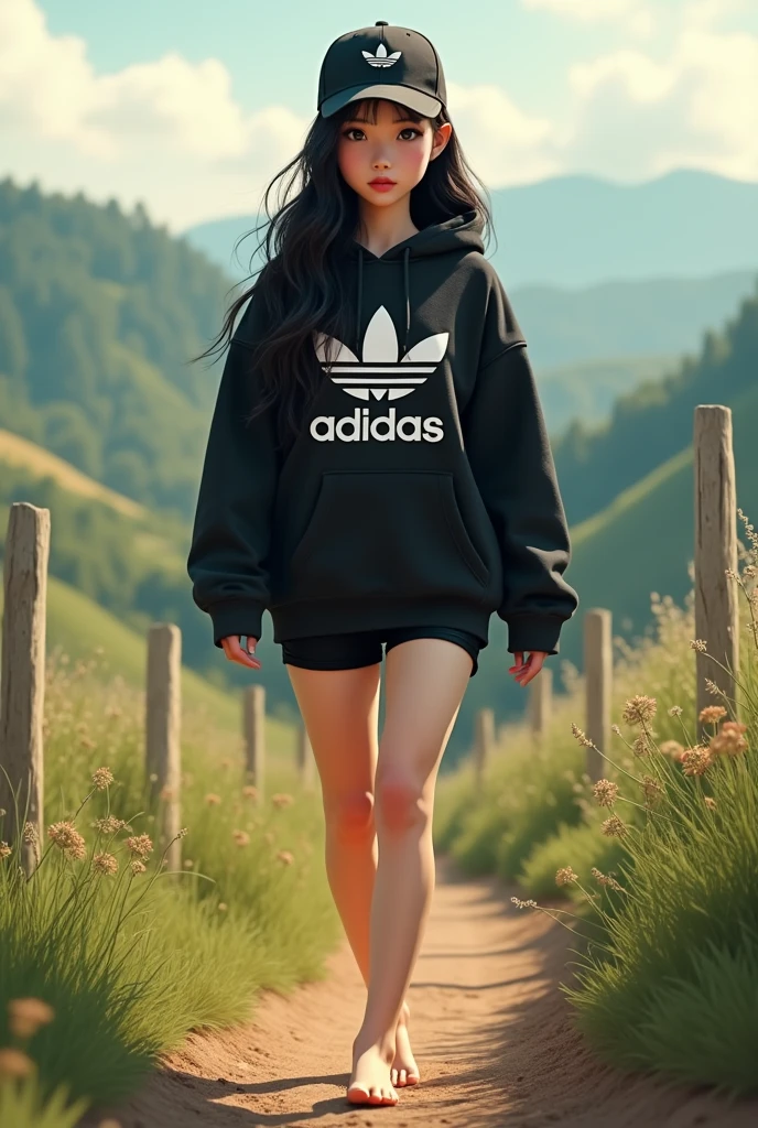beautiful asian girl, long black hair, black eyes, barefoot, wear black adidas cap, wear black adidas hood, wear black adidas short hot pants, background is countryside, stepped in poop
