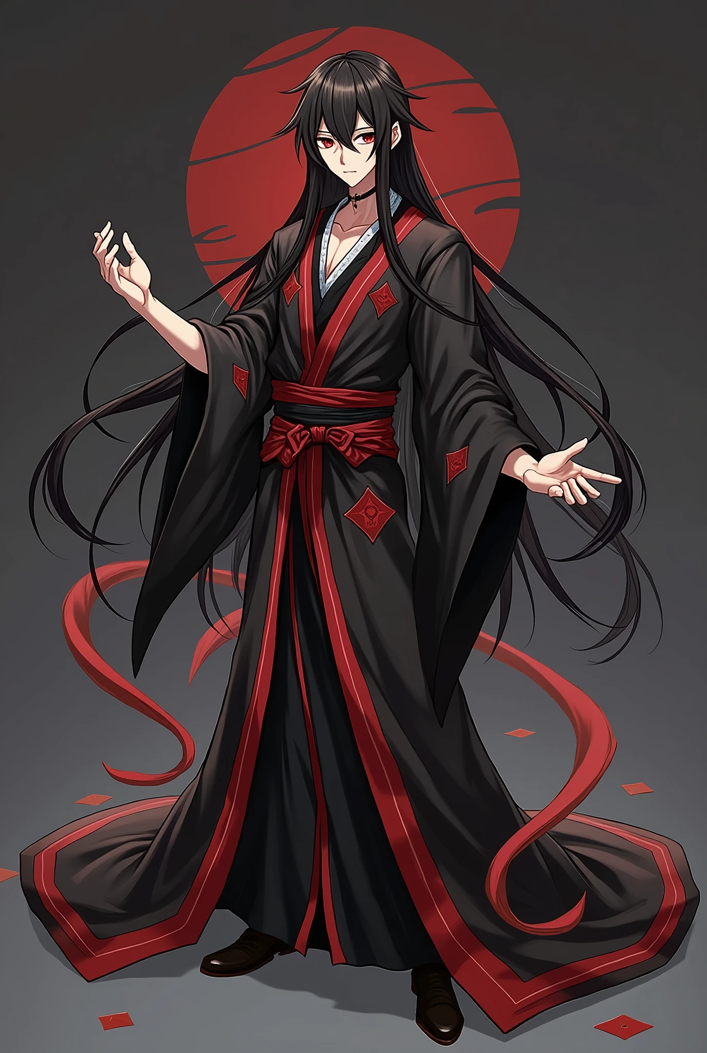 black hair, long hair, Black and red eyes, Black and red robe, fabulous, indifferent, man, red strands in hair, ahoge, hair over shoulder, Very long hair, asymmetrical bangs, hair down, Crazy eyes, Devil's Eyes, inexpressive, robe, character chart, Tachi-e, panorama, Genshin strike style, super detail