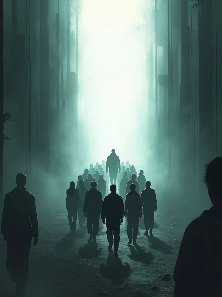 A person being pulled by other people, an obscure scene, but at the end of the path there is a white light.