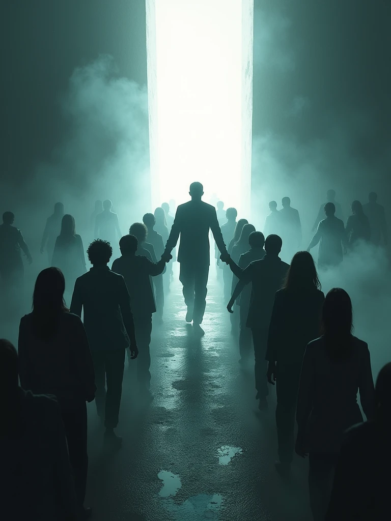 A person being pulled by other people, an obscure scene, but at the end of the path there is a white light.