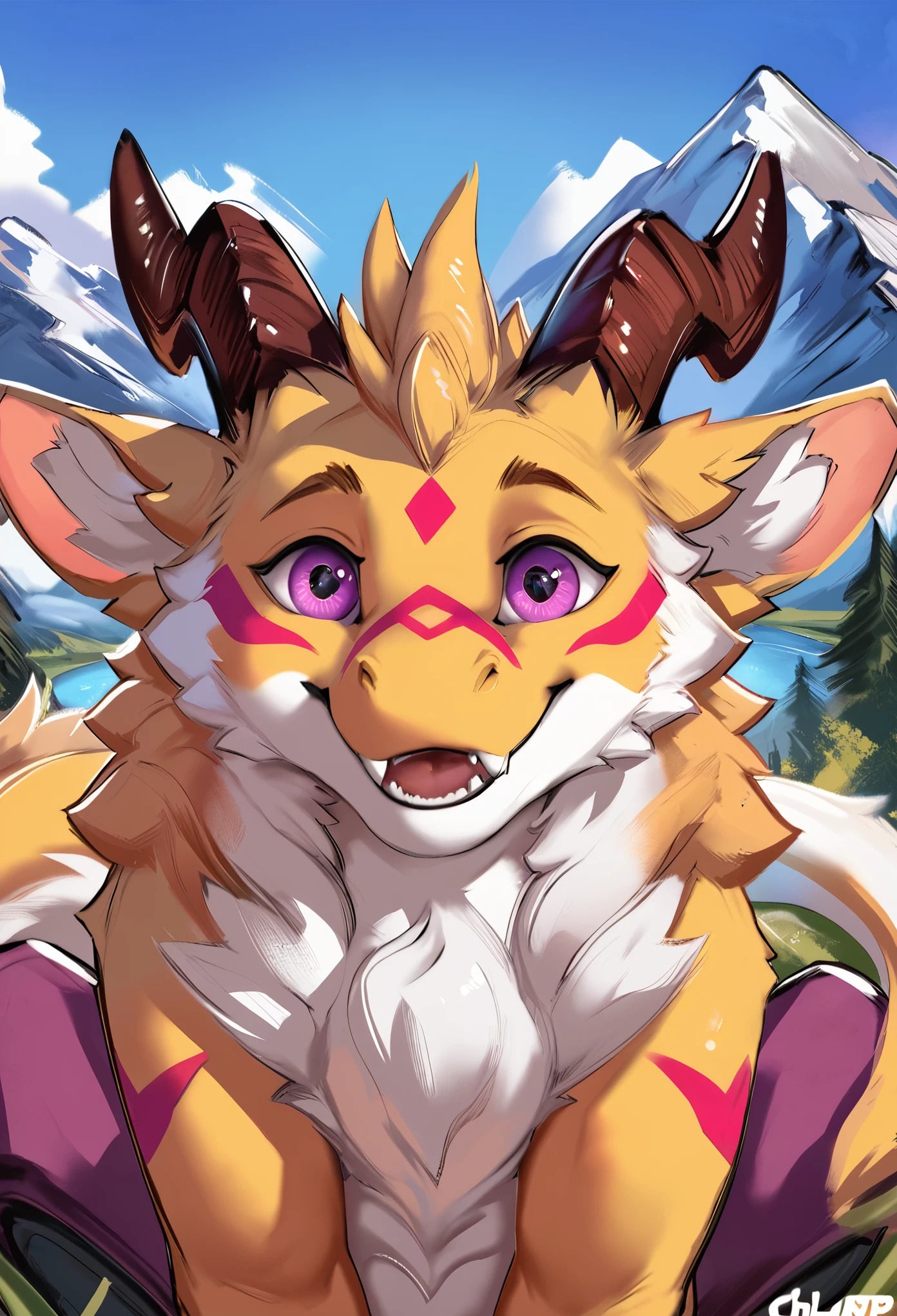 (by chunie and juiceps and zackary911 and klaide) (solo), (small cute dragon), verry cute, furry body, furred dragon, fluffy, quadruped, long fluffy tail, mouth open wide, happy, fangs, cute horns, beautifull eyes, purple dragon eyes, (white body), (yellow body markings), sitting, male, (young dragon), timid, mountain background, nature, verry detailed face, face closeup, looking with admiration, (looking at viewer), (handsome), score_9, score_8_up, score_7_up, score_6_up, score_5_up, score_4_up