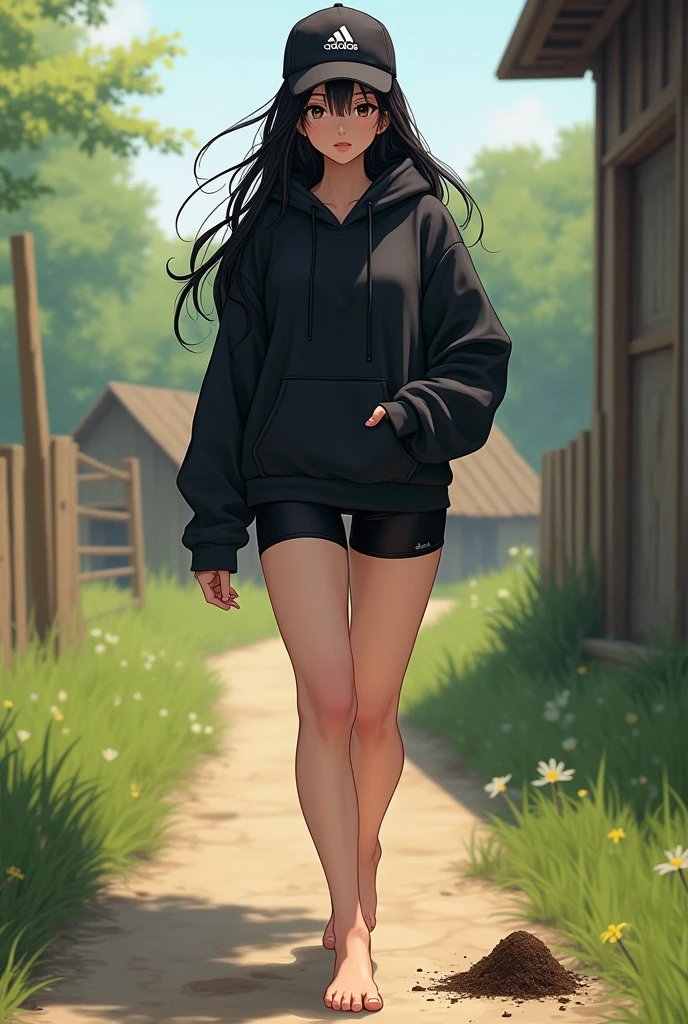Sexy girl, long black hair, black eyes, barefoot, wear black adidas cap, wear black adidas hood, wear black panties, background is countryside, girl stepped in poop