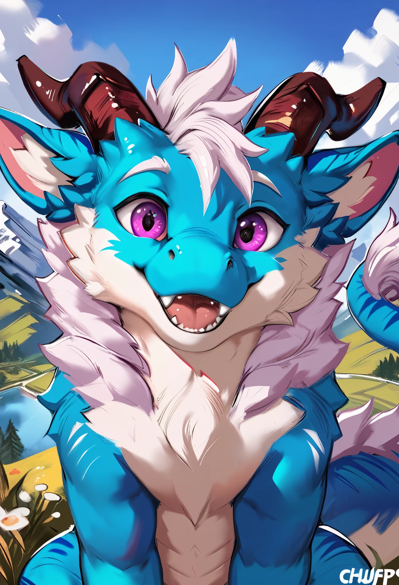 (by chunie and juiceps and zackary911 and klaide) (solo), (small cute dragon), verry cute, furry body, furred dragon, fluffy, quadruped, long fluffy tail, mouth open wide, happy, fangs, cute horns, beautifull eyes, purple dragon eyes, white body, sitting, male, (young dragon), timid, mountain background, nature, verry detailed face, face closeup, looking with admiration, (looking at viewer), (handsome), score_9, score_8_up, score_7_up, score_6_up, score_5_up, score_4_up