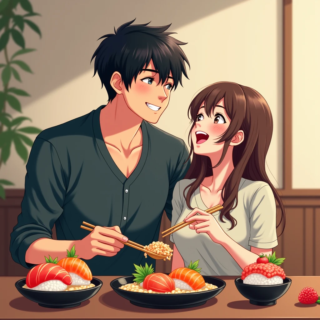 Tall boyfriend, Black Hair, Brown-haired girlfriend,Eating anime-style sushi,They seem to be having fun.