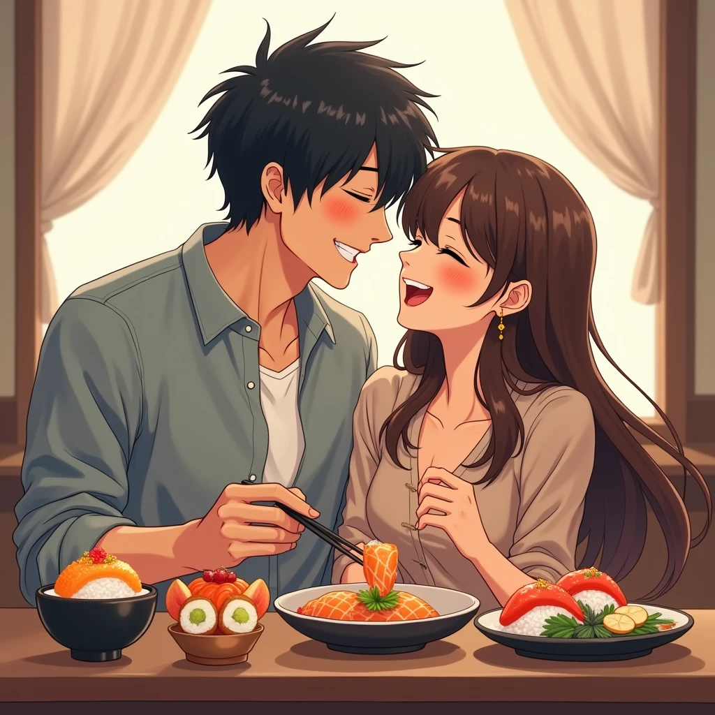 Tall boyfriend, Black Hair, Brown-haired girlfriend,Eating anime-style sushi,They seem to be having fun.