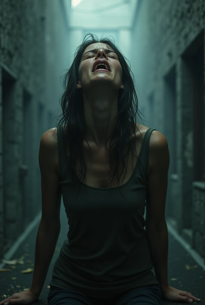 horror art, dread, Best quality, masterpiece, ultra high res, (photorealistic:1.4), Action shot of terrifying ghost fighting against the viewer, dynamic movement, in arena, creepy, white dress, unnerving, unsettling, terrifying, 80mm, horror lighting, dynamic action