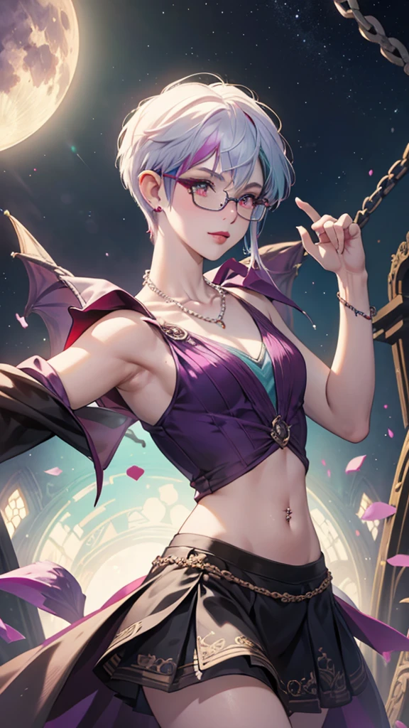 8k, masterpiece, best quality, highly detailed, 1 girl, tiefling, warlock, pixie cut, multicolored hair, very short straight hair red highlight hair on white hair, strippled hair, wearing glasses, round glasses, earrings, navel piercing, red eyeshadow, long eyelashes, blushed cheek, red lips, pearl necklace, rings, collarbone, mole on face, glamorous, teal and purple clothes, sleeveless, miniskirt, smirk, close up view, rings, looking at viewer, demon horns, solo, starry sky, pale blue moon, standing, boxing stance, demonic arms, chains on the background.