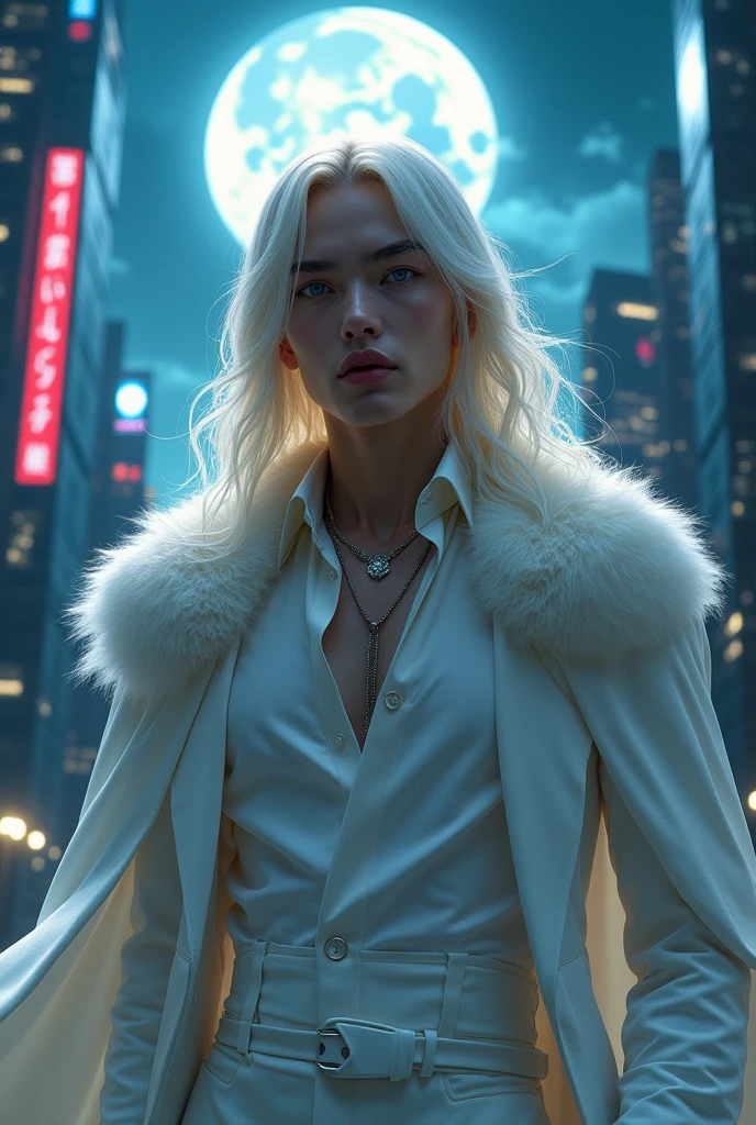 masterpiece, Highest quality, (alone focus), (Perfect Face:1.1), (Attention to detail:1.1), (Highly detailed eyes), dramatic, (One Man:0.5), (White skin), Long blonde hair, Mystical Eyes, (Thin eyebrows), alone, Long Hair, Jordan Barrett, moon, night, White luxury suit, Covered navel, Fuller lips, fur, Proud look, Future City, Detailed Background, Art by artgerm, Cinema Lighting, Rose, fashion, Balenciaga Style