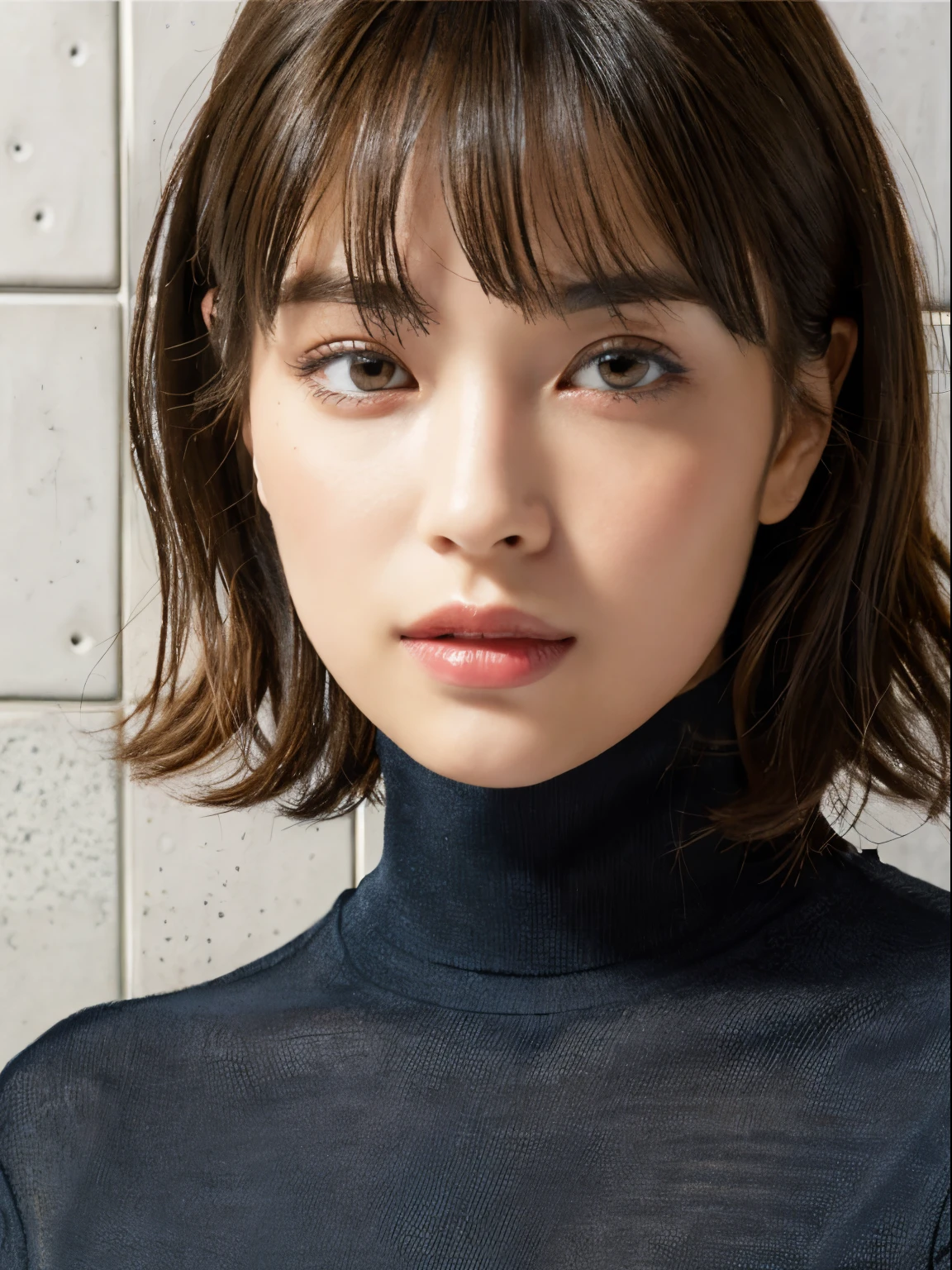 (A hyper-realistic), , (hight resolution), (8k), (ighly detailed), (The best illustrations), (beatiful detailed eyes), (top-quality), (Ultra-detail), (masterpiece), (mortar wallpaper), (Detailed face), a park,Armpit, Thick,,,solo,Girl wearing dark orange long-sleeved turtleneck knit and striped shirt, full of sweat, japanes, ,Concrete background、Tile background、Upper body、Fluffy bob cut、Curly hair,Realistic eyes,